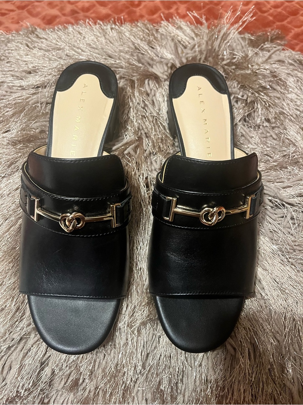 Alex Marie Black Leather Open-Toe Mules